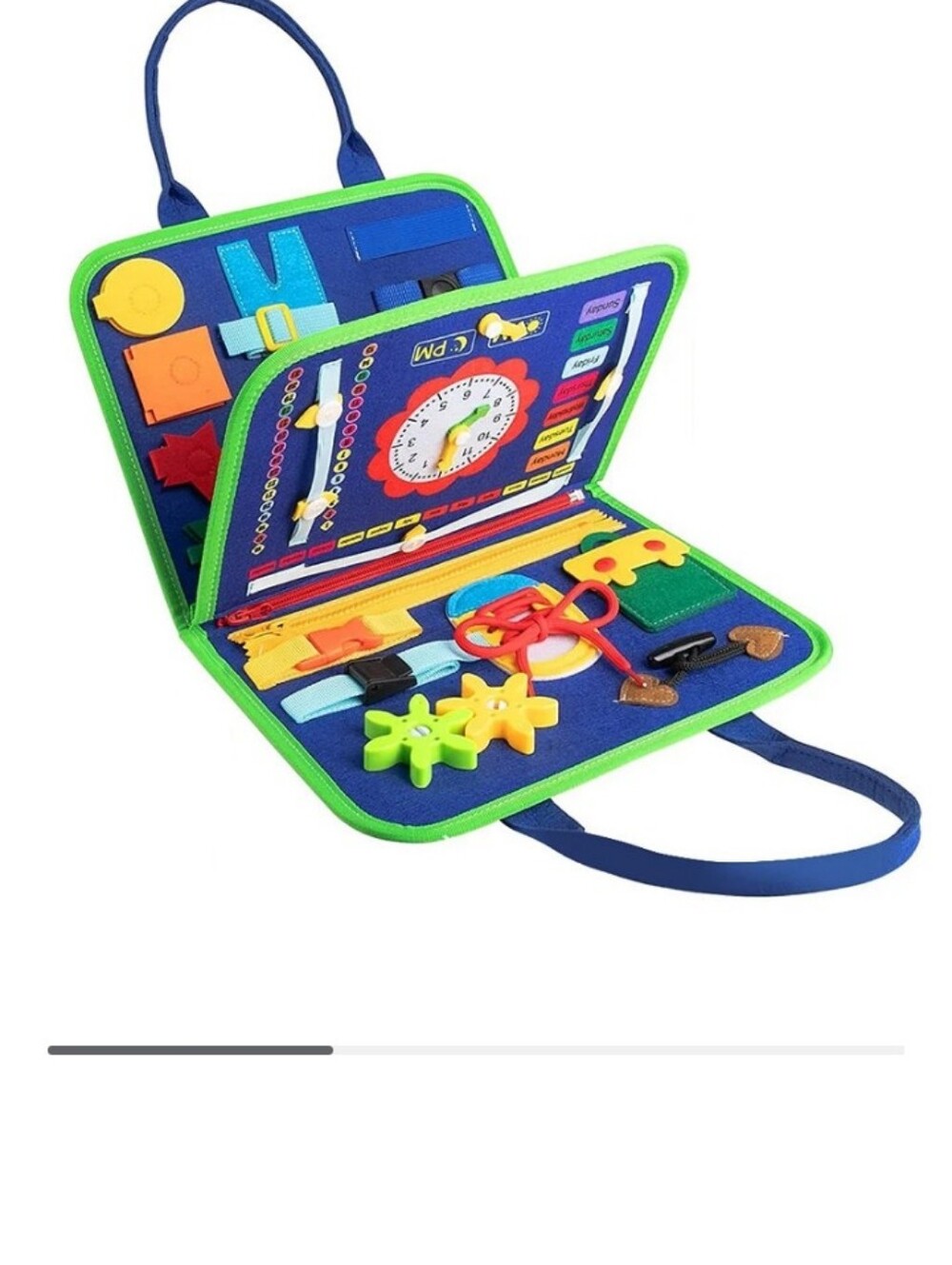 Blue and Green Interactive Busy Board Tote for Kids - Learning Activity Bag